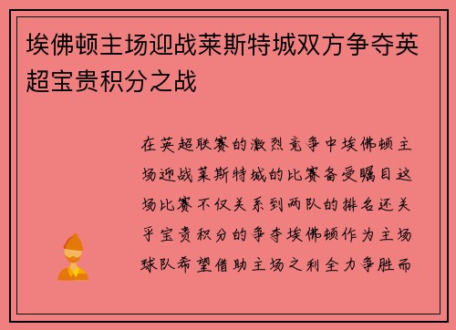 埃佛顿主场迎战莱斯特城双方争夺英超宝贵积分之战